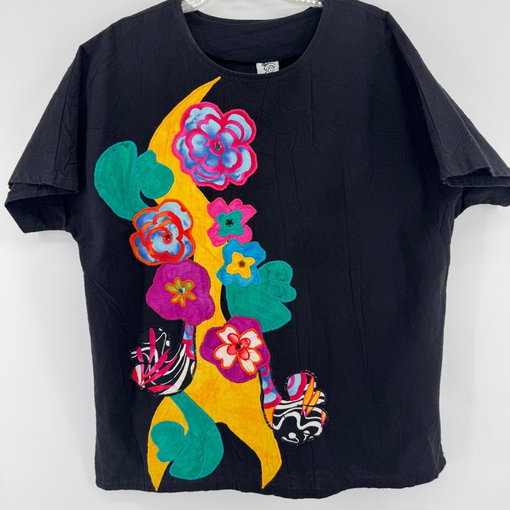 Alfredo's Wife Floral Applique‎ Top Women Large Black Art to Wear Short Sleeve